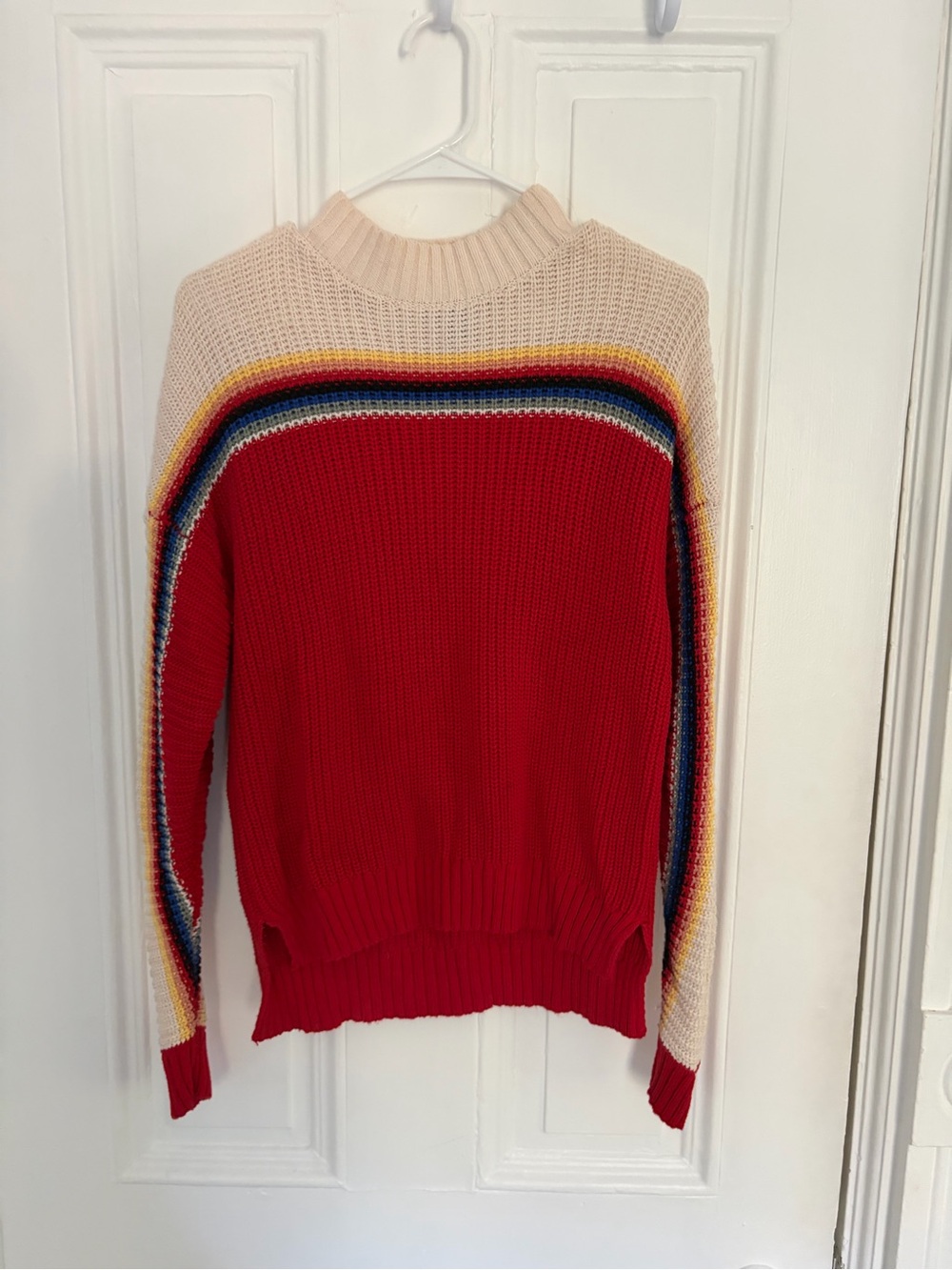 Forever 21 Red and Cream Turtleneck Sweater with Rainbow Stripes